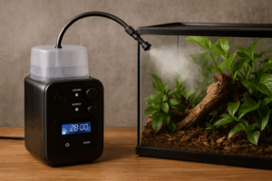Kleine schwarze Beregnungsanlage wird in einem Terrarium getestet