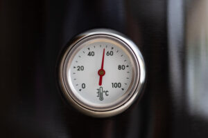 Silbernes Terrarium Hygrometer zeigt eine Temeratur von 50 Grad an