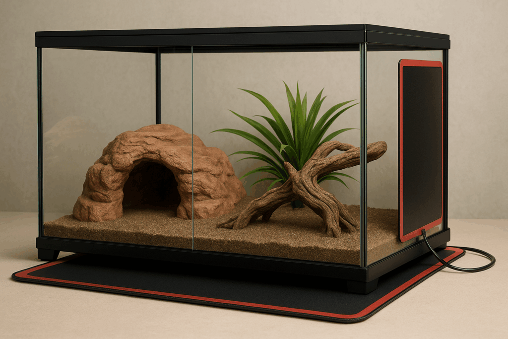 Wüsten Terrarium mit einer darunterliegenden und seitlich montierten Heizmatte